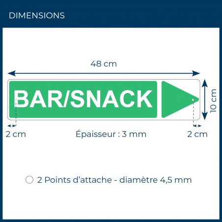 Panneau de signalisation pour camping "BAR/SNACK Droite" - 48 x 10 cm - Vert
