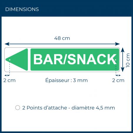 Panneau de signalisation pour camping "BAR/SNACK Gauche" - 48 x 10 cm - Vert
