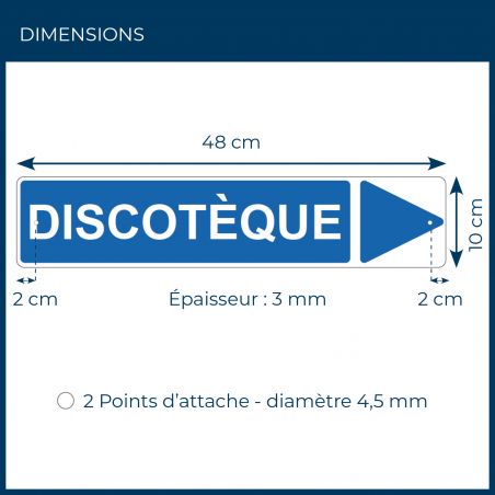 Panneau de signalisation pour camping "DISCOTEQUE Droite" - 48 x 10 cm - Bleu