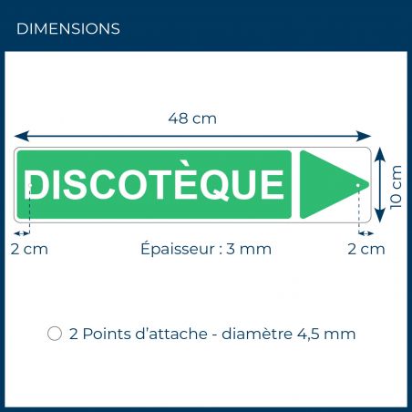Panneau de signalisation pour camping "DISCOTEQUE Droite" - 48 x 10 cm - Vert