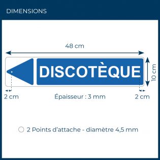 Panneau de signalisation pour camping "DISCOTEQUE Gauche" - 48 x 10 cm - Bleu