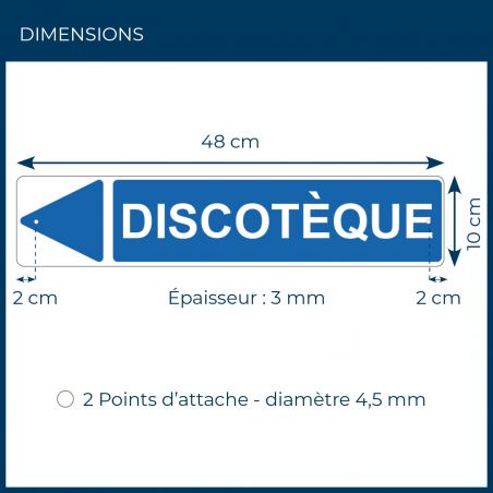Panneau de signalisation pour camping "DISCOTEQUE Gauche" - 48 x 10 cm - Bleu