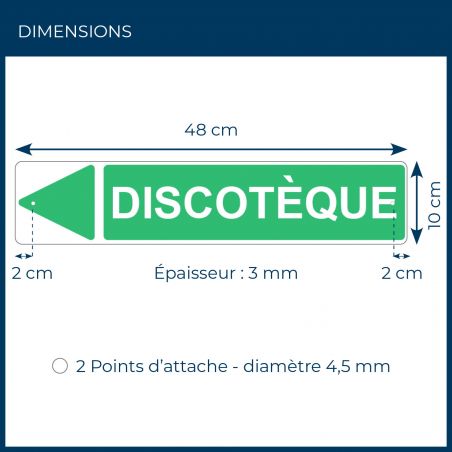Panneau de signalisation pour camping "DISCOTEQUE Gauche" - 48 x 10 cm - Vert