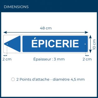 Panneau de signalisation pour camping "EPICERIE Gauche" - 48 x 10 cm - Bleu
