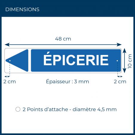 Panneau de signalisation pour camping "EPICERIE Gauche" - 48 x 10 cm - Bleu