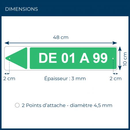 Panneau de signalisation personnalisablepour camping "DE 01 A 99 Gauche" - 48 x 10 cm - Vert