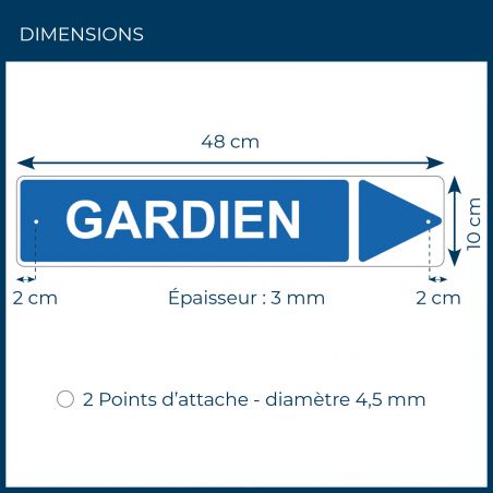 Panneau de signalisation pour camping "GARDIEN Droite" - 48 x 10 cm - Bleu