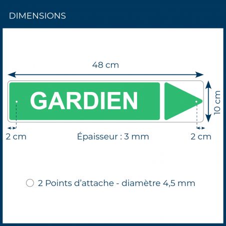 Panneau de signalisation pour camping "GARDIEN Droite" - 48 x 10 cm - Vert