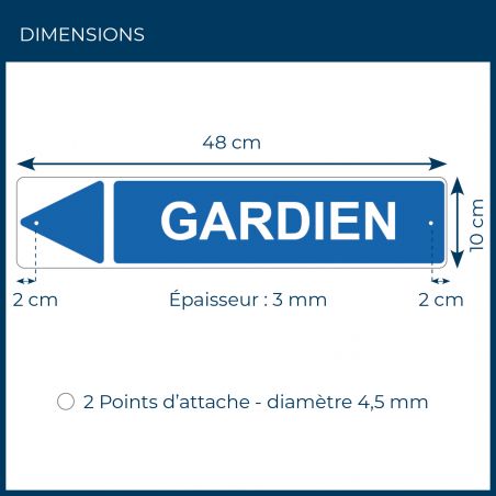 Panneau de signalisation pour camping "GARDIEN Gauche" - 48 x 10 cm - Bleu