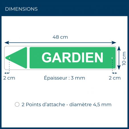 Panneau de signalisation pour camping "GARDIEN Gauche" - 48 x 10 cm - Vert