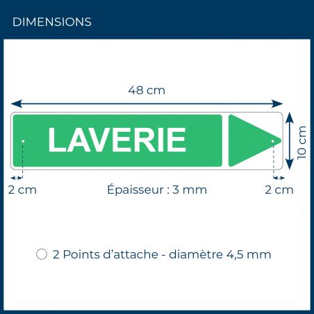 Panneau de signalisation pour camping "LAVERIE Droite" - 48 x 10 cm - Vert