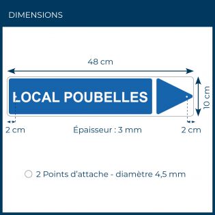 Panneau de signalisation pour camping "LOCAL POUBELLES Droite" - 48 x 10 cm - Bleu
