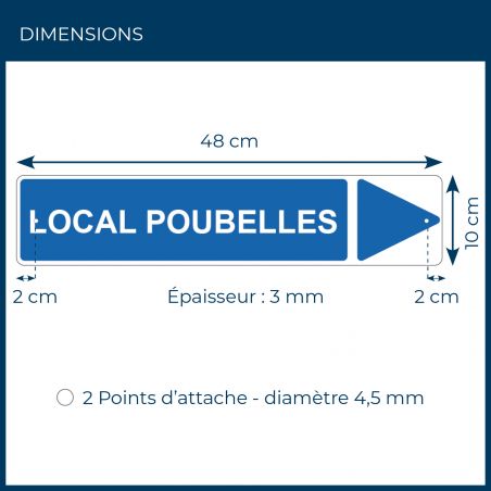 Panneau de signalisation pour camping "LOCAL POUBELLES Droite" - 48 x 10 cm - Bleu