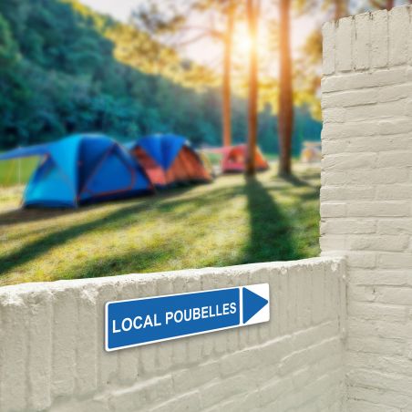 Panneau de signalisation pour camping "LOCAL POUBELLES Droite" - 48 x 10 cm - Bleu