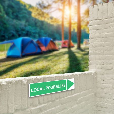 Panneau de signalisation pour camping "LOCAL POUBELLES Droite" - 48 x 10 cm - Vert