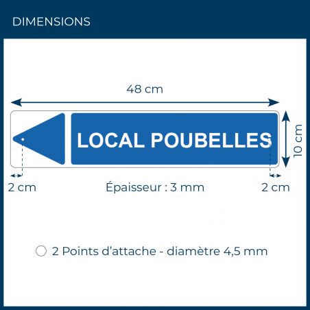 Panneau de signalisation pour camping "LOCAL POUBELLES Gauche" - 48 x 10 cm - Bleu