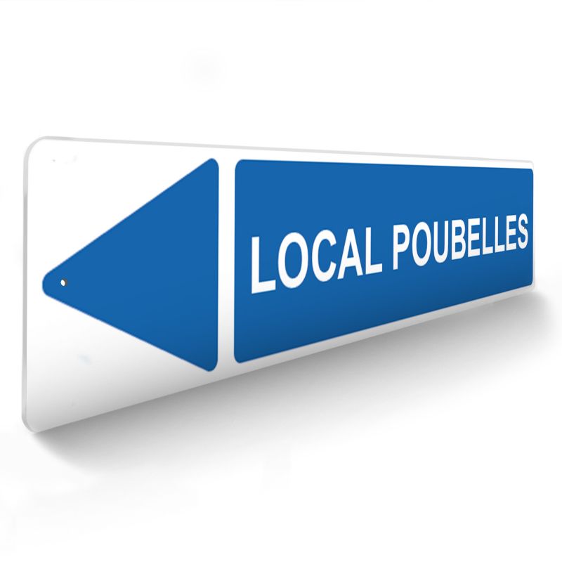 Panneau de signalisation pour camping "LOCAL POUBELLES Gauche" - 48 x 10 cm - Bleu