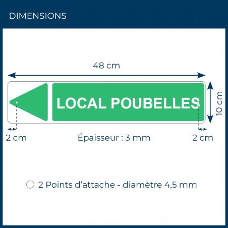 Panneau de signalisation pour camping "LOCAL POUBELLES Gauche" - 48 x 10 cm - Vert