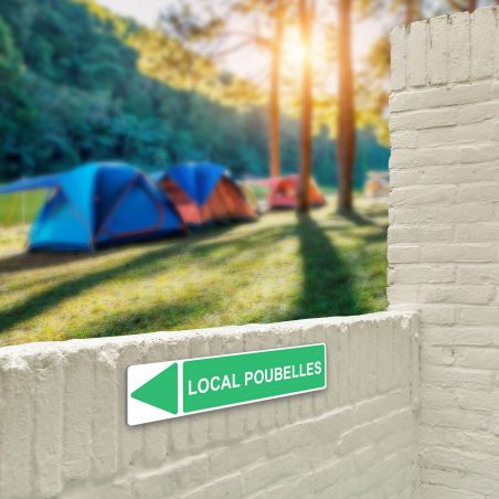 Panneau de signalisation pour camping "LOCAL POUBELLES Gauche" - 48 x 10 cm - Vert