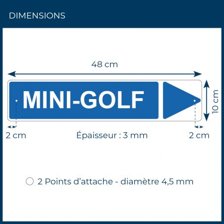 Panneau de signalisation pour camping "MINI-GOLF Droite" - 48 x 10 cm - Bleu