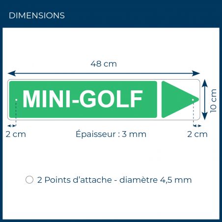 Panneau de signalisation pour camping "MINI-GOLF Droite" - 48 x 10 cm - Vert