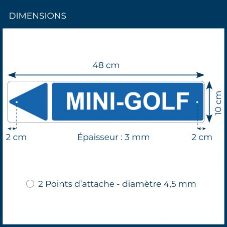 Panneau de signalisation pour camping "MINI-GOLF Gauche" - 48 x 10 cm - Bleu