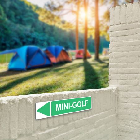 Panneau de signalisation pour camping "MINI-GOLF Gauche" - 48 x 10 cm - Vert