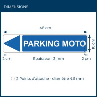 Panneau de signalisation pour camping "PARKING MOTO Gauche" - 48 x 10 cm - Bleu