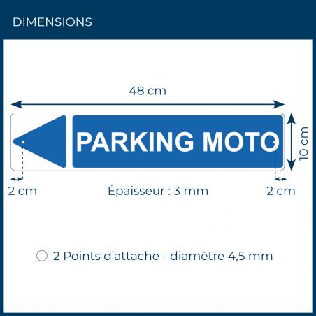 Panneau de signalisation pour camping "PARKING MOTO Gauche" - 48 x 10 cm - Bleu