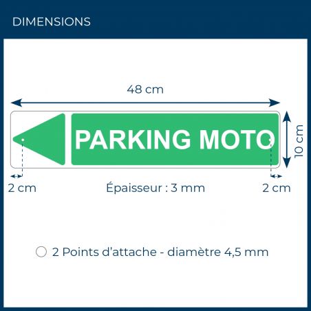 Panneau de signalisation pour camping "PARKING MOTO Gauche" - 48 x 10 cm - Vert