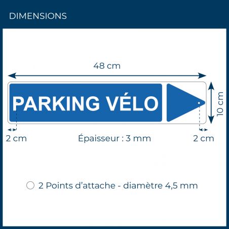 Panneau de signalisation pour camping "PARKING VELO Droite" - 48 x 10 cm - Bleu