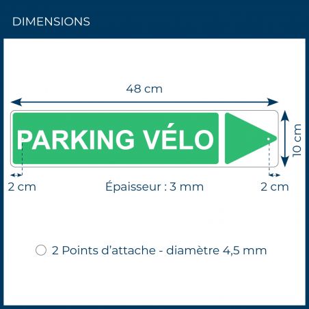 Panneau de signalisation pour camping "PARKING VELO Droite" - 48 x 10 cm - Vert