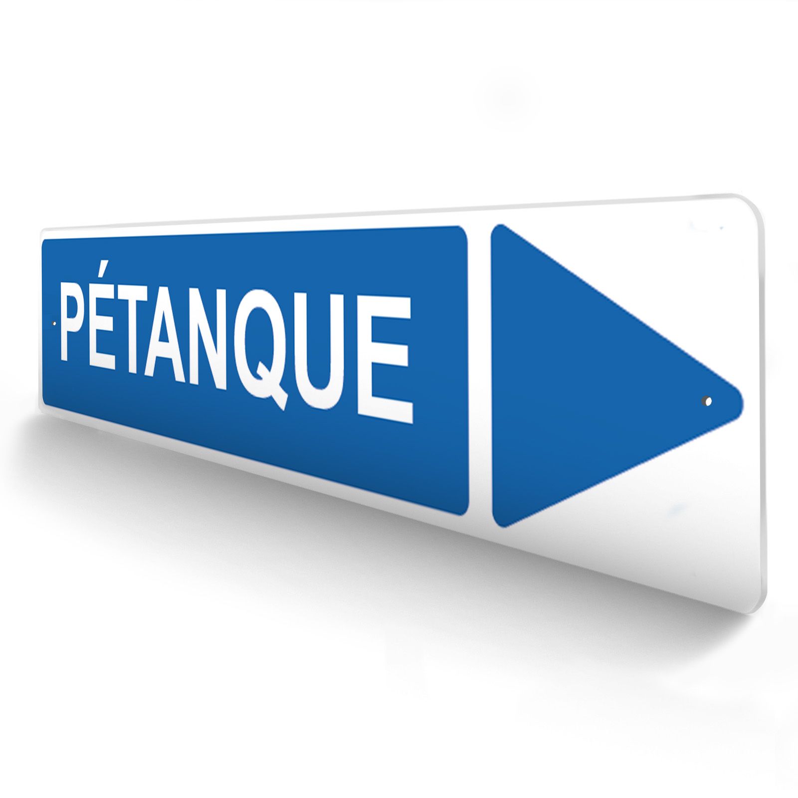 Panneau de signalisation pour camping "PETANQUE Droite" - 48 x 10 cm - Bleu