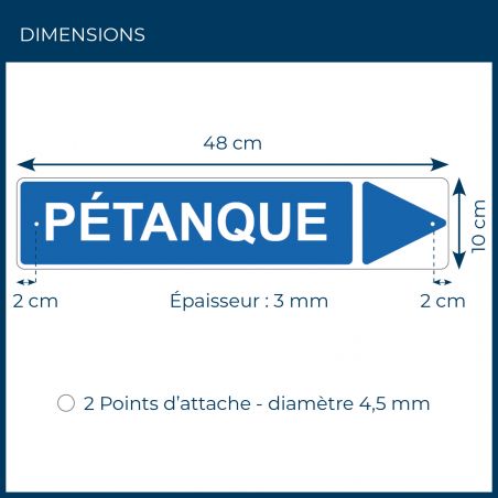 Panneau de signalisation pour camping "PETANQUE Droite" - 48 x 10 cm - Bleu