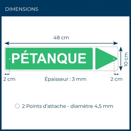 Panneau de signalisation pour camping "PETANQUE Droite" - 48 x 10 cm - Vert