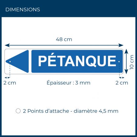 Panneau de signalisation pour camping "PETANQUE Gauche" - 48 x 10 cm - Bleu