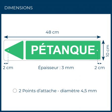 Panneau de signalisation pour camping "PETANQUE Gauche" - 48 x 10 cm - Vert