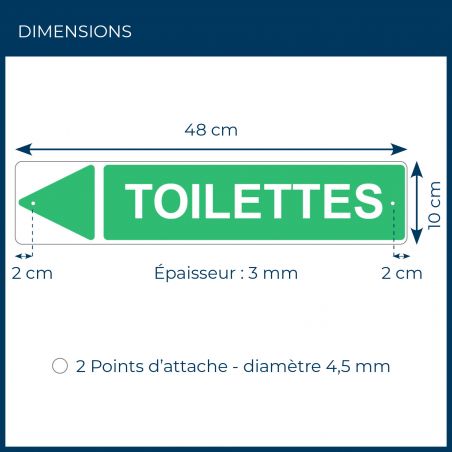 Panneau de signalisation pour camping "TOILETTES Gauche" - 48 x 10 cm - Vert