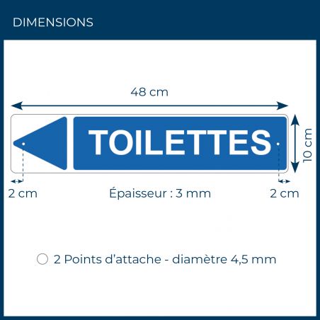 Panneau de signalisation pour camping "TOILETTES Gauche" - 48 x 10 cm - Bleu