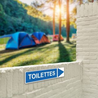 Panneau de signalisation pour camping "TOILETTES Droite" - 48 x 10 cm - Bleu