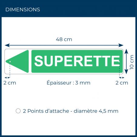 Panneau de signalisation pour camping "SUPERETTE Gauche" - 48 x 10 cm - Vert