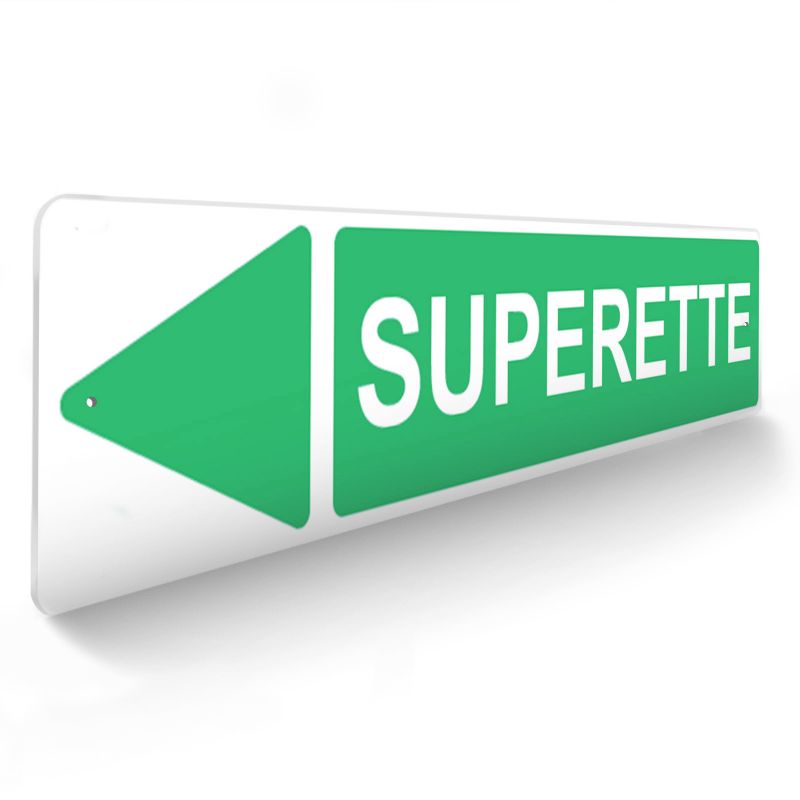 Panneau de signalisation pour camping "SUPERETTE Gauche" - 48 x 10 cm - Vert Panneau de signalisation pour camping "SUPERETTE Gauche" - 48 x 10 cm - Vert