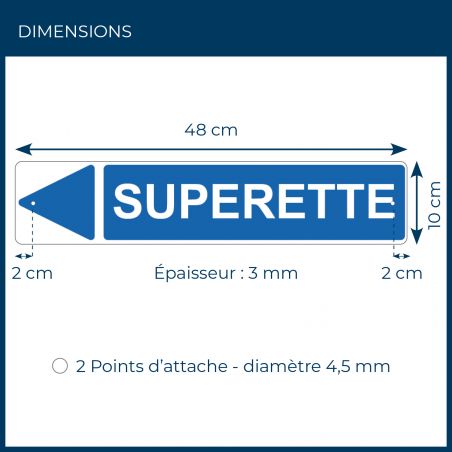 Panneau de signalisation pour camping "SUPERETTE Gauche" - 48 x 10 cm - Bleu