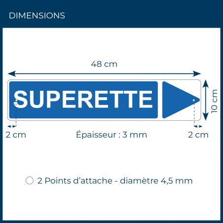 Panneau de signalisation pour camping "SUPERETTE Droite" - 48 x 10 cm - Bleu