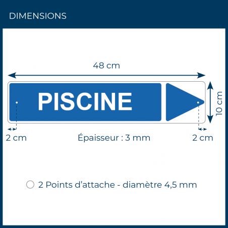 Panneau de signalisation pour camping "PISCINE Droite" - 48 x 10 cm - Bleu