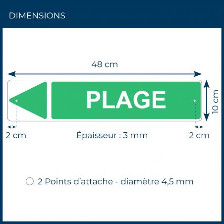 Panneau de signalisation pour camping "PLAGE Gauche" - 48 x 10 cm - Vert
