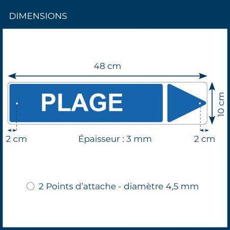 Panneau de signalisation pour camping "PLAGE Droite" - 48 x 10 cm - Bleu