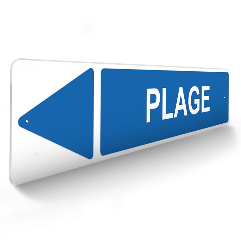 Panneau de signalisation pour camping "PLAGE Gauche" - 48 x 10 cm - Bleu Panneau de signalisation pour camping "PLAGE Gauche" - 48 x 10 cm - Bleu