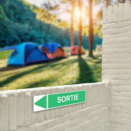 Panneau de signalisation pour camping "SORTIE Gauche" - 48 x 10 cm - Vert