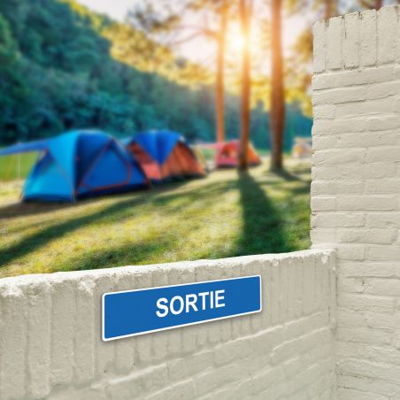 Panneau de signalisation pour camping "SORTIE" - 48 x 10 cm - Bleu